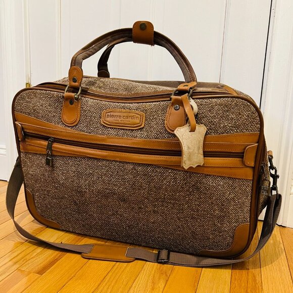 Vintage Pierre Cardin Paris Leather Tweed Luggage Travel Weekender Bag 22 inche - Picture 8 of 16